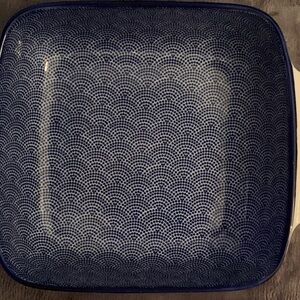 Blue and White Patterned Square Serving Ware with Handles